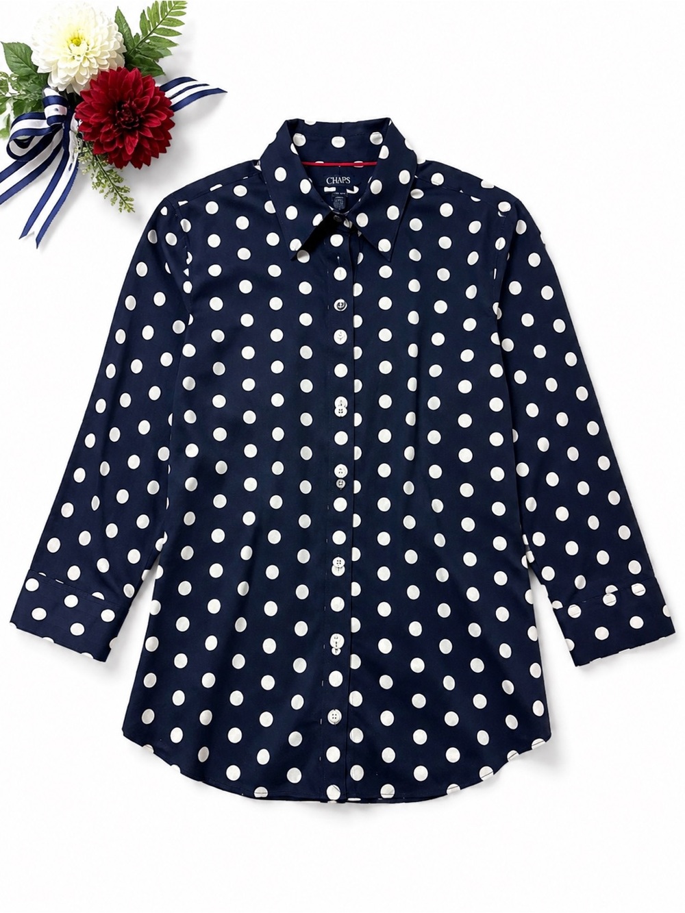 Classic CHAPS button-down shirt,  navy and white polka-dot print.